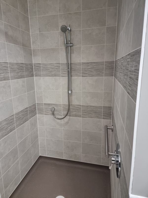 Wet-room style accessible shower installation with riser rail, slip-resistant floor and grab rails — Smith EcoFlow disabled access bathroom plumbing