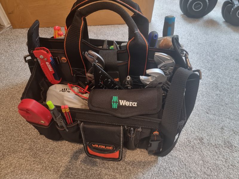 Professional plumber tool bag with Wera screwdrivers, Knipex pliers, Bahco adjustable spanners and full plumbing toolkit — Smith EcoFlow Orpington